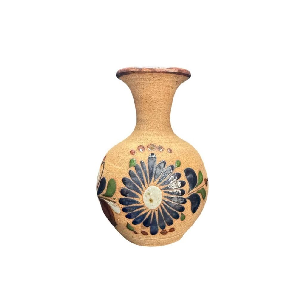Vintage Mexico Tonala Mexican Folk Art Sandstone Pottery Floral Vase